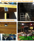 Dual Color Solar Shed Lights 2 Pack With Remote, installed in barn and patio, highlighting versatility and outdoor use