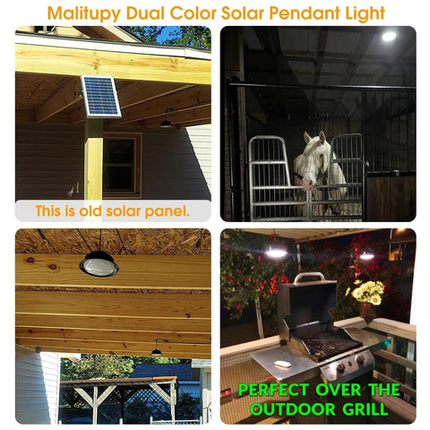 Dual Color Solar Shed Lights 2 Pack With Remote, installed in barn and patio, highlighting versatility and outdoor use