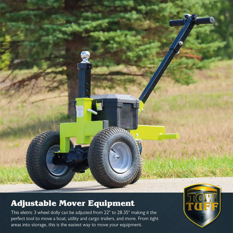 Tow Tuff Electric Trailer Dolly With 3500 Lb Capacity, heavy duty adjustable mover equipment with large tires.