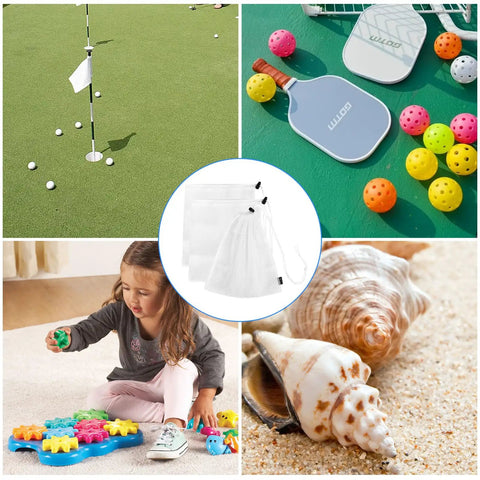 3 Pack Mesh Ball Bags Set Nylon Drawstring Organizer Bags 10x11.5 Inches with sports gear and seashells background