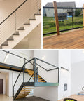 Modern railing systems with black vinyl coated 304 stainless steel wire rope for decking and balustrade projects.