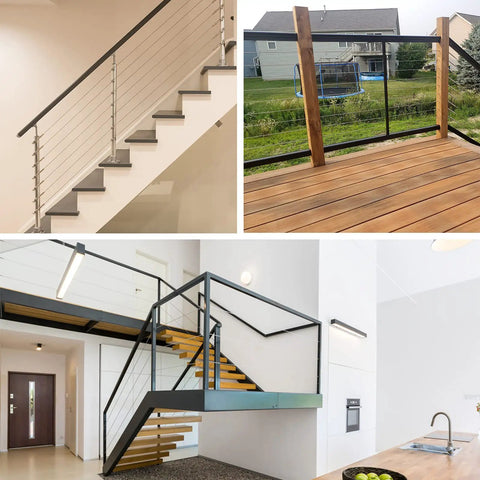 Modern railing systems with black vinyl coated 304 stainless steel wire rope for decking and balustrade projects.