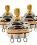 Pro HD A250K and B250K Full Brass 18-Spline Split Shaft Pots for Imported Strat Style Axes and Basses, set of 2 shown