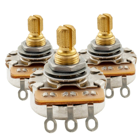 Pro HD A250K and B250K Full Brass 18-Spline Split Shaft Pots for Imported Strat Style Axes and Basses, set of 2 shown