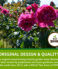 Pink roses supported by BioStretch stretchy garden twine, emphasizing award-winning design and quality for home gardens.