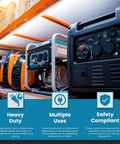 Real Deal 200 Foot Heavy Duty Extension Power Cord 10 Awg 15 Amp 125 Volt Copper Cable With Solid Brass Plugs For Outdoor Jobsites And Home Garage Equipment displayed on a shelf next to generators.