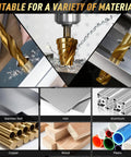 Drilling with All In One 35 Piece Drill Bit Kit With 3 Step Drills on metal, wood, plastic, showing versatility and material compatibility.