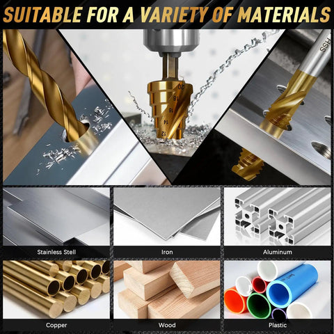 Drilling with All In One 35 Piece Drill Bit Kit With 3 Step Drills on metal, wood, plastic, showing versatility and material compatibility.