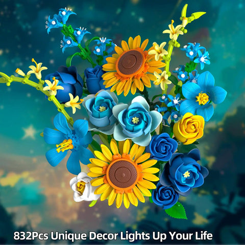 Van Gogh Starry Night And Sunflowers Inspired Bouquet Building Set Lego Compatible Flowers For Adults Women Vibrant Blue Yellow White Blooms To Brighten Desk Or Home Decor Perfect Gift For Christmas Mothers Day Or Just Because, 832-piece ABS bouquet with sunflowers and blue roses