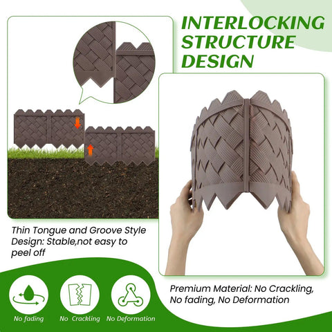 Hands holding interlocking no dig garden edging border with tongue-and-groove design, 30 pack, 30 ft for lawns and flower beds.
