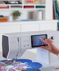 Heavy Duty Computerized Sewing Machine With Sharp LCD Screen Quilting Kit Extension Table And Bonus Bundle Making Homemade Creations, close-up of control panel.