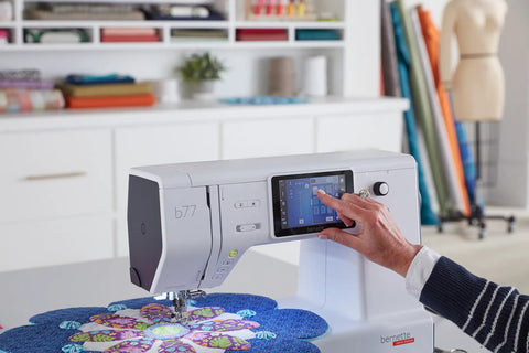 Heavy Duty Computerized Sewing Machine With Sharp LCD Screen Quilting Kit Extension Table And Bonus Bundle Making Homemade Creations, close-up of control panel.