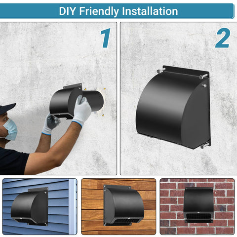 Heavy-Duty 4-Inch Dryer Vent Cover With Screen And Damper, 14 Gauge Steel Outdoor Vent Cap Black being installed on wall