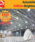 315W Equivalent PAR38 LED Flood Light Bulb 4300 Lumens Daylight 5000K illuminating a large warehouse interior.