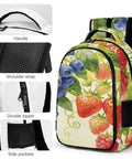 Mixed Berry Vine Watercolor Printed Unisex Backpack with durable polyester, showing handle, strap, zipper, and side pocket.