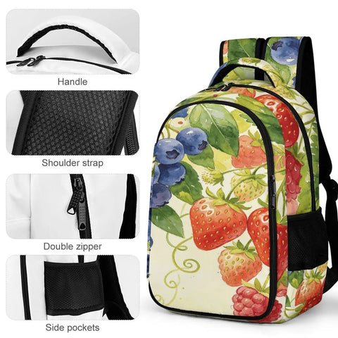 Mixed Berry Vine Watercolor Printed Unisex Backpack with durable polyester, showing handle, strap, zipper, and side pocket.