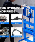 Beefy 6 10 12 And 20 Ton H Frame Hydraulic Shop Press With Adjustable Worktable And Plate Set in use with metal parts