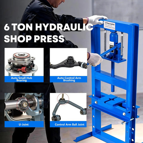 Beefy 6 10 12 And 20 Ton H Frame Hydraulic Shop Press With Adjustable Worktable And Plate Set in use with metal parts