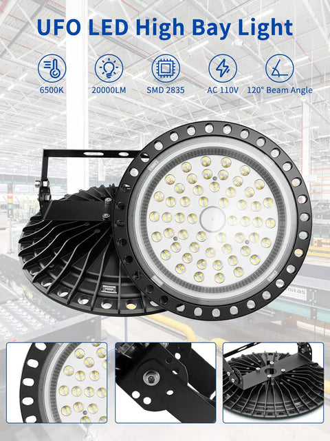 Industrial High Bay LED Light 10 Pack 200W 20000LM UFO Flood Light 6500K Daylight IP65 Waterproof in warehouse setting