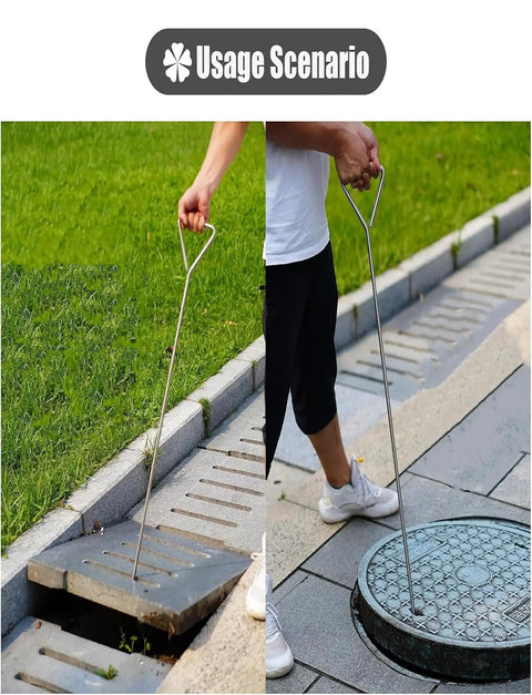 Person using Built Tough Stainless Steel Manhole Cover Hook With Triangular Handle Portable Heavy Duty Sewer Lid Lifter at drain.