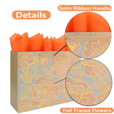 16.5 Inch Extra Large Rose Gold Gift Bag Set with satin handles and foil traced floral design, includes orange tissue paper