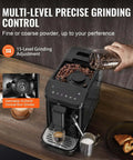Automatic Espresso Machine With Built In Grinder, 20 Bar Pressure, Frother Steam Wand, 15 Grinding Settings, 1.5L Water Tank displayed.