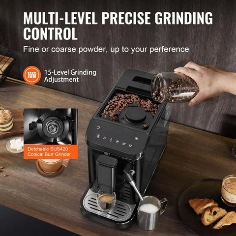 Automatic Espresso Machine With Built In Grinder, 20 Bar Pressure, Frother Steam Wand, 15 Grinding Settings, 1.5L Water Tank displayed.