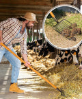 Man using 4 Pack 10 Tine Pitch Fork With Long Wooden Handle Heavy Duty Muck Rake Broadfork Garden Tool For Manure Cleanup in stall.