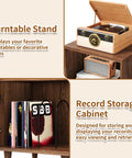 Mid Century Music Cabinet With Built In Outlets And Vinyl Record Storage Sturdy Guitar Stand holding a turntable and vinyl records.