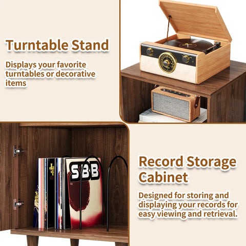 Mid Century Music Cabinet With Built In Outlets And Vinyl Record Storage Sturdy Guitar Stand holding a turntable and vinyl records.