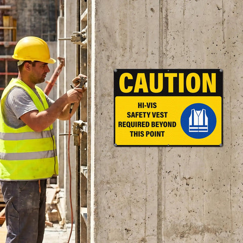 Caution Hi Vis Safety Vest Required Beyond This Point Sign Durable Rust Free Aluminum With UV Protected Print Waterproof Outdoor Warning Sign For Industrial Areas Highly Reflective For Day And Night Visibility, mounted on concrete wall