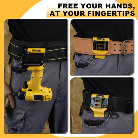 Beefy Drill Belt Clip And Tape Measure Holder For Tool Belts, Universal Clip On Carry for Impact Drivers, yellow aluminum construction