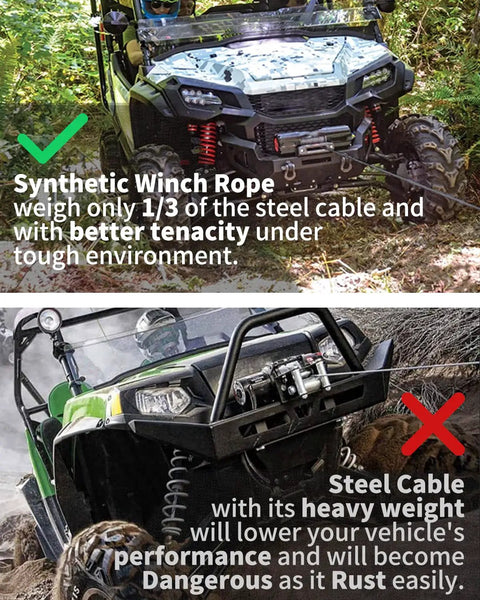 Off-road vehicle with synthetic winch rope and steel cable comparison, highlighting weight and performance differences.