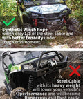 Comparison of synthetic winch rope and steel cable on off-road vehicles, highlighting durability and weight differences.
