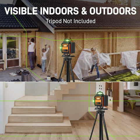 360 Self Leveling Laser Level With 4D Capabilities And 16 Green Lines used for renovation outdoors and cabinet alignment indoors.