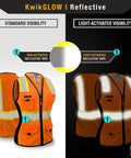 Comparison of Boss Lady Womens Safety Vest 2-Pack Snug Fit With 9-Pocket Design Class 2 High Visibility Reflective ANSI OSHA-Fitted Construction Work PPE Orange Small showing standard and light-activated reflective visibility.