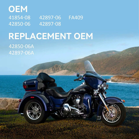 Harley-Davidson Tri Glide near coast with text overlay, "OEM 41854-08 42897-06 FA409 42850-06 42897-08, Replacement OEM 42850-06A 42897-06A"