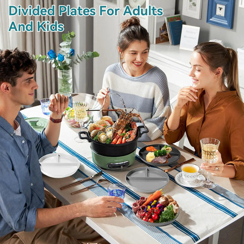 Family dining with 9 Inch Portion Control Plate Set For Weight Loss With 5 Plastic Divided Plates, microwave safe.