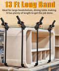 Beefy 13 Ft Woodworking Belt Band Clamps With Quick Release securing large wooden bookshelf, sturdy 4 corner claws