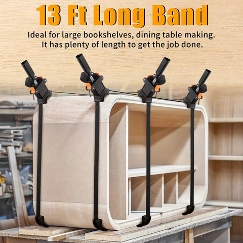 Beefy 13 Ft Woodworking Belt Band Clamps With Quick Release securing large wooden bookshelf, sturdy 4 corner claws