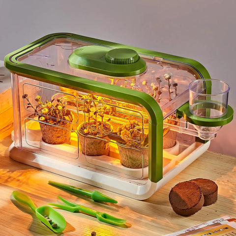 Kid Friendly Garden Grow Kit With Drip Irrigation And Grow Lights Mini Greenhouse Terrarium Set For STEM Fun, flowers growing indoors