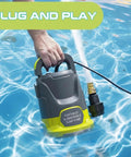 Heavy Duty Submersible Sump Pump Built Tough As Nails features a grey and yellow portable pump in water with hose attachment.