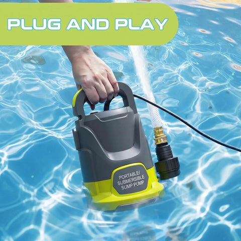 Heavy Duty Submersible Sump Pump Built Tough As Nails features a grey and yellow portable pump in water with hose attachment.