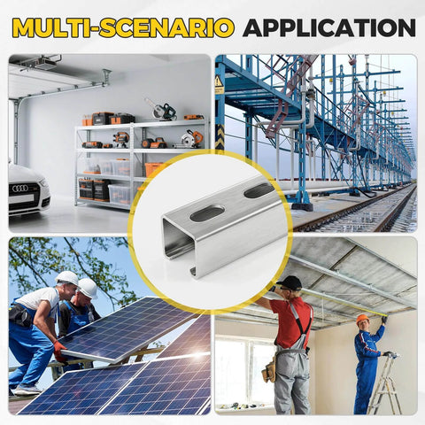 Industrial Grade 12 Gauge Strut Channel Trolley Track applications in garage, scaffolding, solar panel setup, ceiling installation