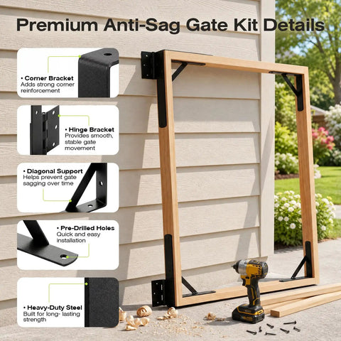 Anti Sag Gate Kit For Wooden Fence, Heavy Duty Gate Hardware With Welded Hinges, Corner Braces, Self Locking Latch, No Sag Fence Gate System For Outdoor Use installed on wood gate frame
