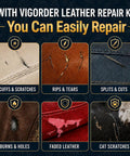 Legit Leather And Vinyl Repair Kit For Furniture Car Seats And Handbags Quick Dry Color Match Adhesive displaying repairs for various damages.