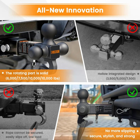 360 Degree Swivel Tri-Ball Trailer Hitch Mount For 2 Inch Receiver With Hook And Pin, solid steel tri-ball hitch on truck receiver