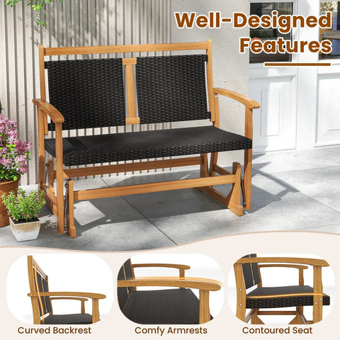 Two Person Wooden Outdoor Glider Bench With Acacia Wood Armrests And Wicker Back And Seat Rocking Patio Loveseat