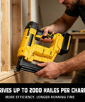 Zero Sweat 2 In 1 Cordless Brad Nailer Compatible With 20V Lithium Ion Batteries, held by a user for trim work.