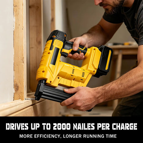 Zero Sweat 2 In 1 Cordless Brad Nailer Compatible With 20V Lithium Ion Batteries, held by a user for trim work.